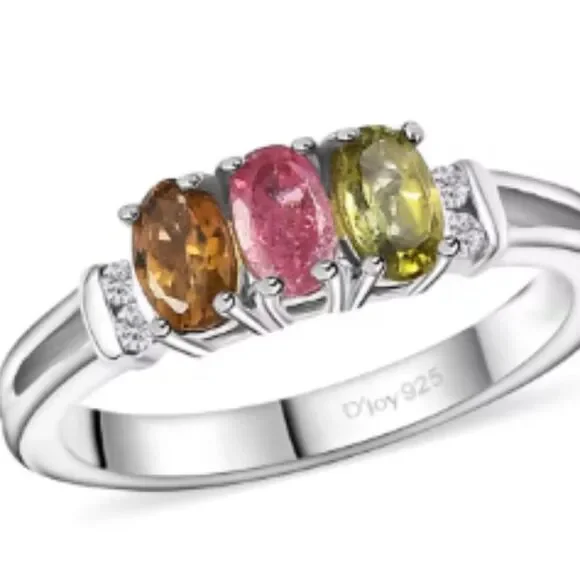 Multi-Tourmaline & White Zircon Trilogy Sterling Silver Ring
